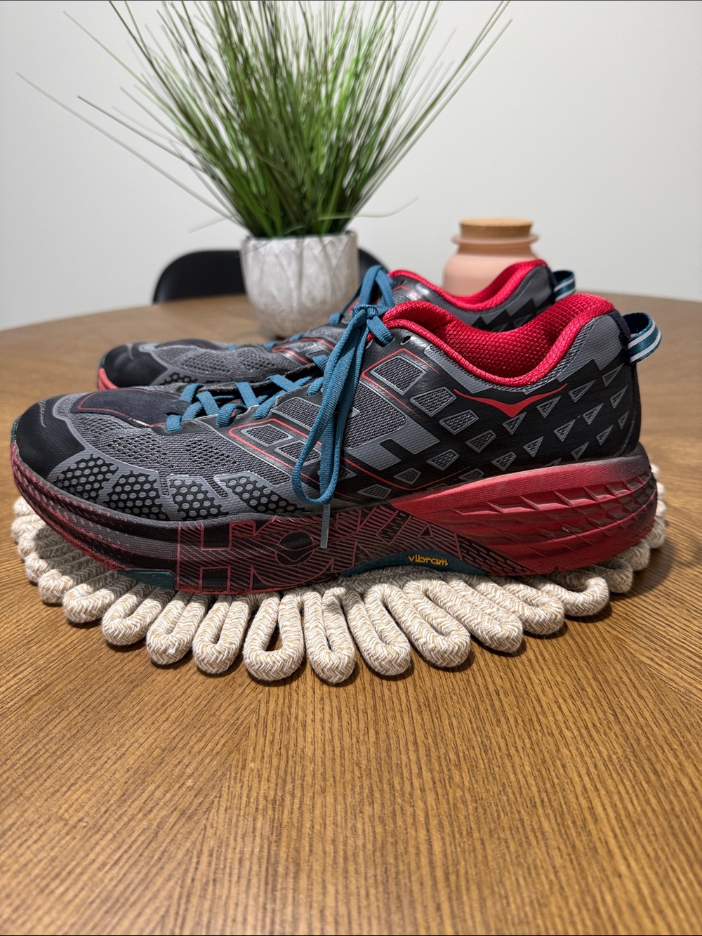Hoka one one mens 11.5 speedgoat 2 trail running shoes black red Vibram sole